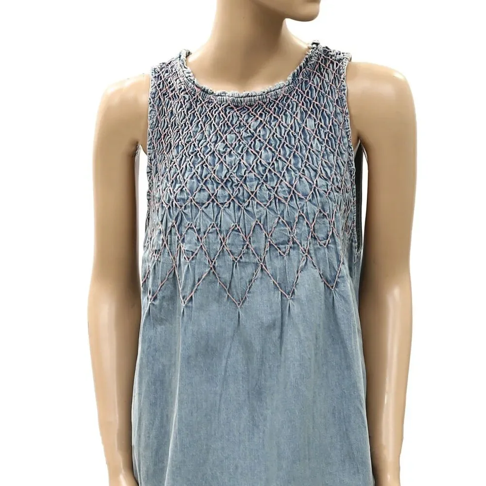 Free People Maisie Smocked Denim Mini Dress Sleeveless Pull-On Solid M 288592